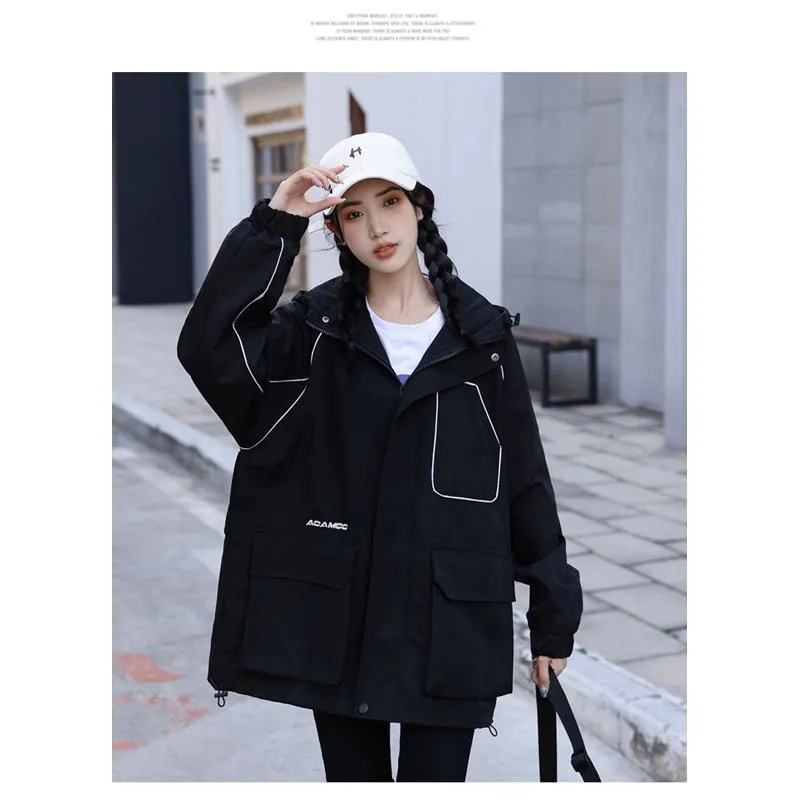 Workwear Style Loose Fit Reflective Casual Raincoat Hooded Jacket