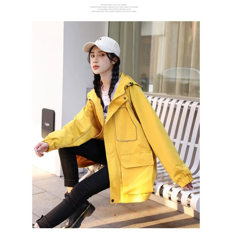 Workwear Style Loose Fit Reflective Casual Raincoat Hooded Jacket