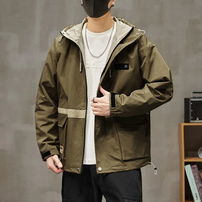 Workwear Style Patch Pocket Patchwork Windproof Raincoat Hooded Jacket