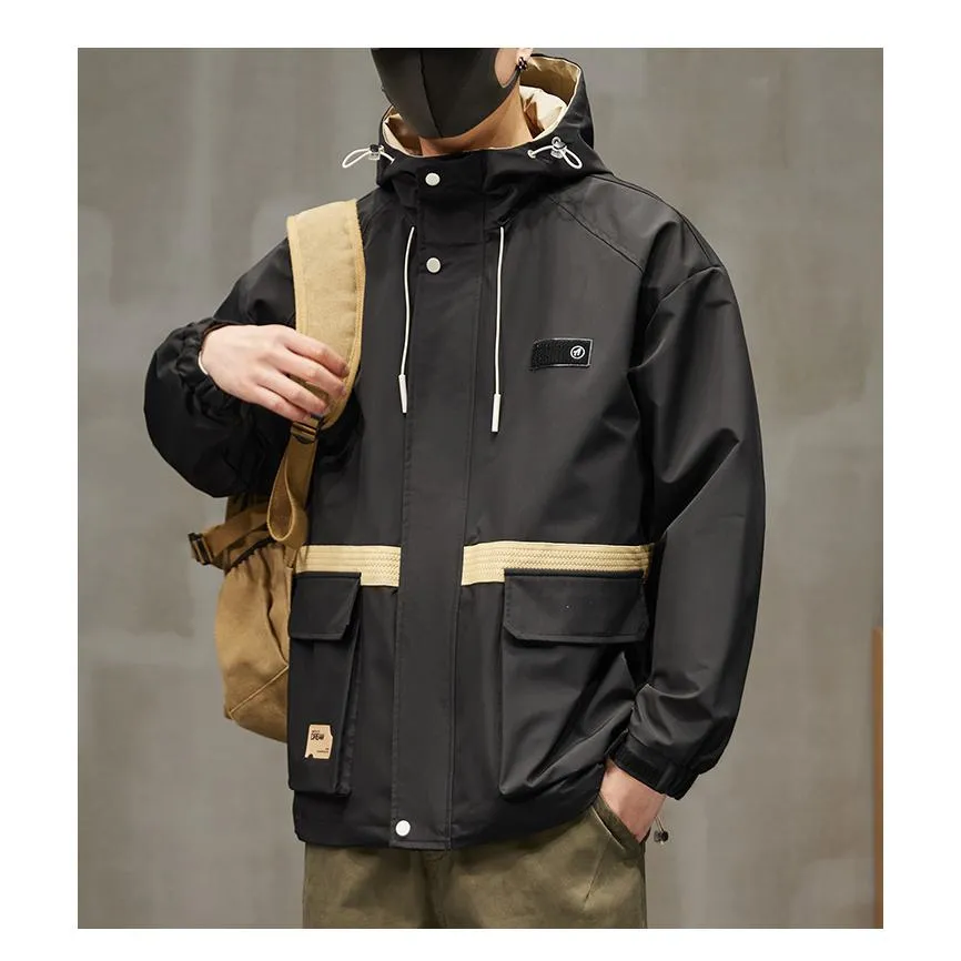 Workwear Style Patch Pocket Patchwork Windproof Raincoat Hooded Jacket