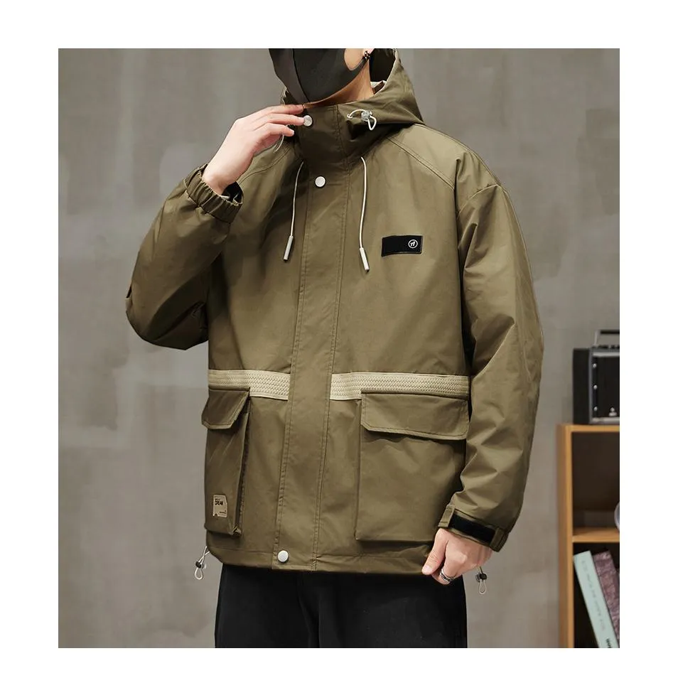 Workwear Style Patch Pocket Patchwork Windproof Raincoat Hooded Jacket